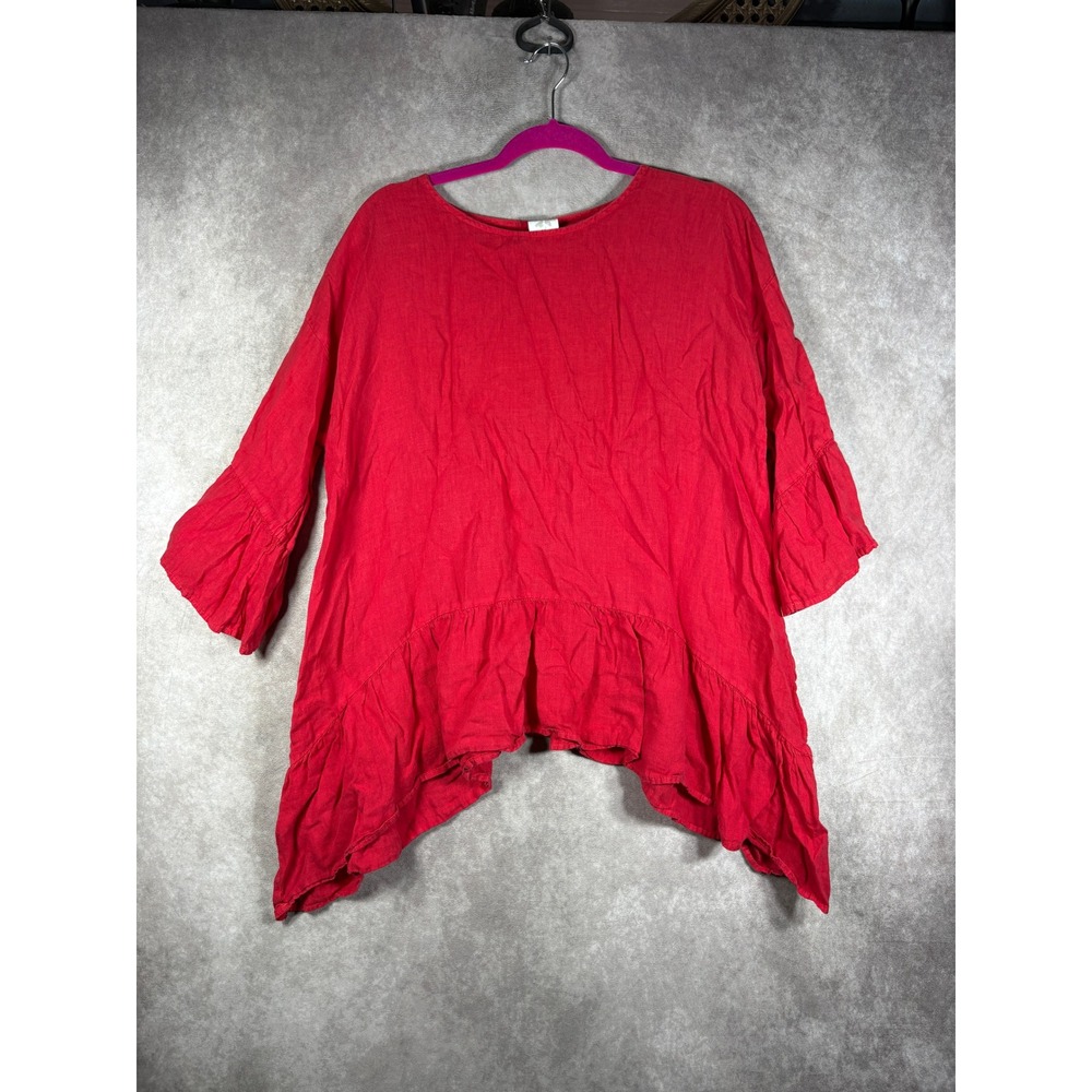 Match Point Top Women S Red Linen Ruffle Bell Sleeve High Low Boho Coastal Beach